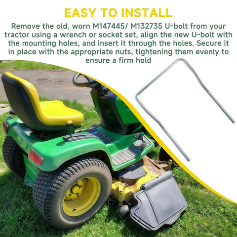 John Deere lawn tractor with Bulletproof Front Deck Hanger U Bolt Kit M147445 shown for easy installation view.