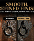 Top Shelf Microcrystalline Wax Polish Kit With Gotto Formula For Wood Leather Metal Stone Furniture And Varnish Including Handy Applicator And Cotton Buffing Rag comparison of wood surface with and without wax finish.