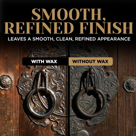 Top Shelf Microcrystalline Wax Polish Kit With Gotto Formula For Wood Leather Metal Stone Furniture And Varnish Including Handy Applicator And Cotton Buffing Rag comparison of wood surface with and without wax finish.