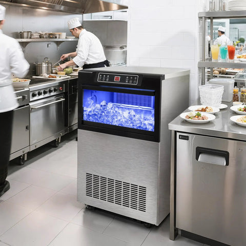 100 Pound Ice Maker Machine For Home Cafe Bar And Restaurant Use Under Counter Or Freestanding ETL And DOE Certified Big Capacity Ice Maker With 33 Pound Storage Bin And 45 Cubes Per Cycle Top Mounted Button For Easy Operation in commercial kitchen