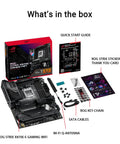 ROG Strix X870E E Gaming WiFi AMD AM5 X870 ATX Motherboard with accessories; SATA cables, Wi-Fi antenna, and guides shown
