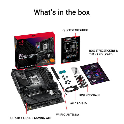 ROG Strix X870E E Gaming WiFi AMD AM5 X870 ATX Motherboard with accessories; SATA cables, Wi-Fi antenna, and guides shown