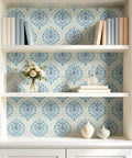 Vintage Blue Floral Damask Peel And Stick Wallpaper For Kitchen Cabinets, displayed on shelves with books and decor.