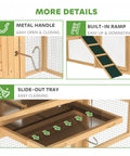 75 Inch Wooden Chicken Coop With Nesting Box And Removable Tray features, metal handle, built-in ramp, slide-out tray