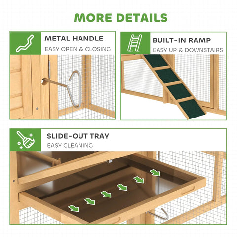 75 Inch Wooden Chicken Coop With Nesting Box And Removable Tray features, metal handle, built-in ramp, slide-out tray