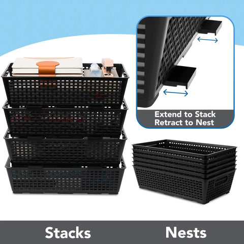 Stackable Woven Plastic Storage Baskets 6 Pack For Cabinet Closet Shelf Under Sink Countertop Pantry Organizer Bins