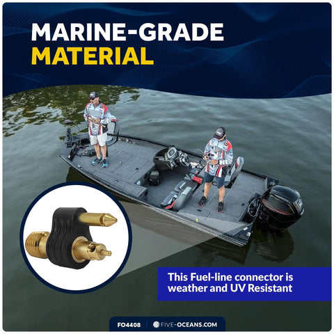 Brass One Quarter Inch NPT Male Fuel Tank Connector For Yamaha And Mercury Tank Ends Pre 1998 shown on marine-grade backdrop