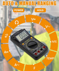 AMT32 Digital Multimeter Tester Portable Meter for electrical jobs, shown with auto and manual ranging features.