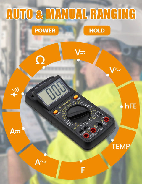 AMT32 Digital Multimeter Tester Portable Meter for electrical jobs, shown with auto and manual ranging features.
