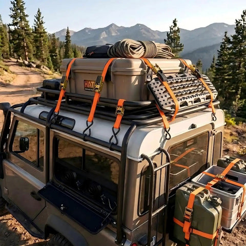Beefy Ratchet Tie Down Straps 2 Pack 1 Inch By 15 Feet securing cargo on a vehicle rooftop with locking hooks and rubberized handles.
