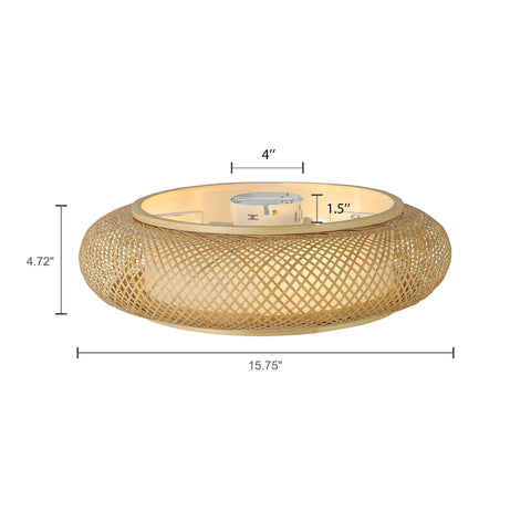 Vintage Drum Shape Bamboo Ceiling Light Flush Mount Handwoven Weave Handmade Farmhouse Style Lighting For Living Room And Bedroom Cozy Soft Glow Eco Friendly Natural Material 40cm Wide, side view with dimensions.