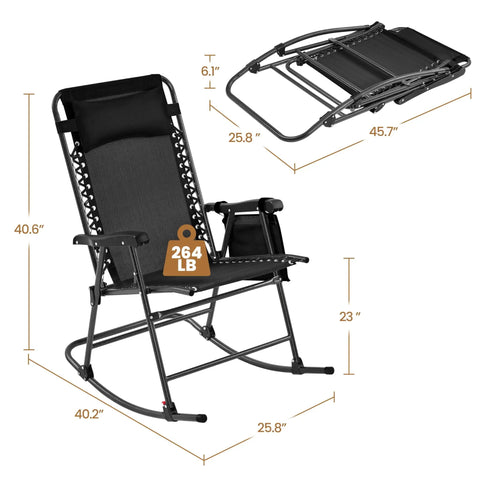 26 Inch Zero Gravity Outdoor Rocking Chairs Set Of 2 Foldable Loungers With Phone Holder And Pillow Ergonomic Arc Back Support