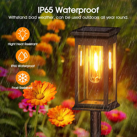 Bright Solar Pathway Lights 4 Pack Upgraded Outdoor Lights Waterproof Auto On Off for Yard Landscape Path Lawn Patio Walkway with Adjustable Height and Rectangular Transparent Design, glowing in rain next to flowers