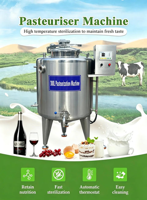 Straight Up Heavy Duty Milk Pasteurizer Featuring 300 To 500 Liter Stainless Steel Capacity And Plug And Play Automatic Temperature Control For Seamless Yogurt Making And Commercial Dairy Operations.