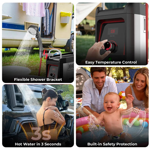 Portable Propane Water Heater For Camping And RV Shower With Pump Kit Lightweight Two D Battery Powered Built In Safety For Hiking Overlanding And Outdoor Adventures Anywhere, showing features like flexible shower bracket and safety protection.