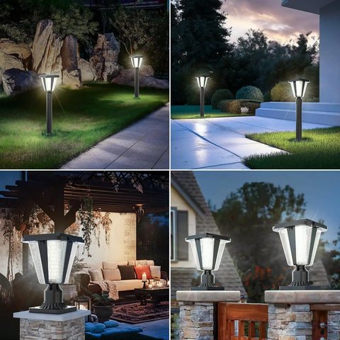 Solar Post Light Fixture 160LM Dusk To Dawn LED 3000K Warm Light illuminating a patio and walkway