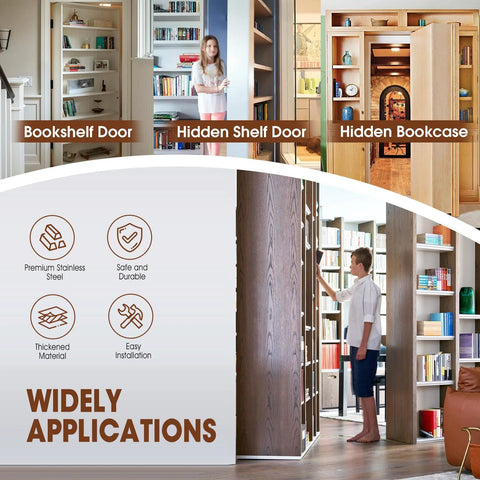 Hidden Bookcase Pivot Hinges with Concealed Wire Passage for Your Secret Murphy Door Heavy Duty DIY Kit in use on bookshelf.