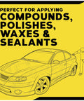 Illustration of car and person with text highlighting 4 Inch Foam Applicator Pads For Car Polish And Wax Great For Pro Detailers And DIY Auto Pros Ultra Soft Tight Cell Foam For Smooth Even Application On Paint Finishes Wheels And Tires And Other Auto Surfaces 4 Pack