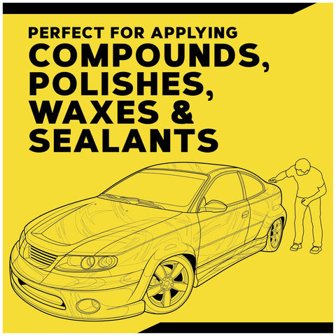 Illustration of car and person with text highlighting 4 Inch Foam Applicator Pads For Car Polish And Wax Great For Pro Detailers And DIY Auto Pros Ultra Soft Tight Cell Foam For Smooth Even Application On Paint Finishes Wheels And Tires And Other Auto Surfaces 4 Pack