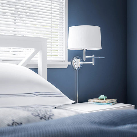 Theta Wall Swing Arm Lamp In Brushed Steel Finish by bedside with adjustable arms, drum shade, modern decor