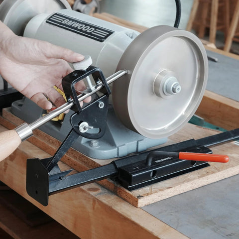 BG-GRIND4 grinding jig system installed on bench grinder; black steel bracket for chisels