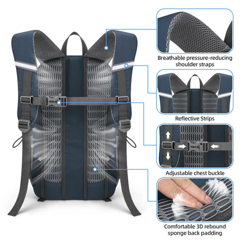 Back of Unisex 20L Lightweight Waterproof Hiking Backpack showing ergonomic straps and breathable back panel design.