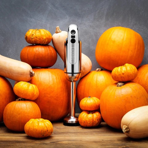 Heavy Hitting Immersion Blender Set With A Versatile Chop Bowl Whisk And Non Drip Measuring Jug Powered By 700W Turbo Motor In Polished Chrome Finish among pumpkins.