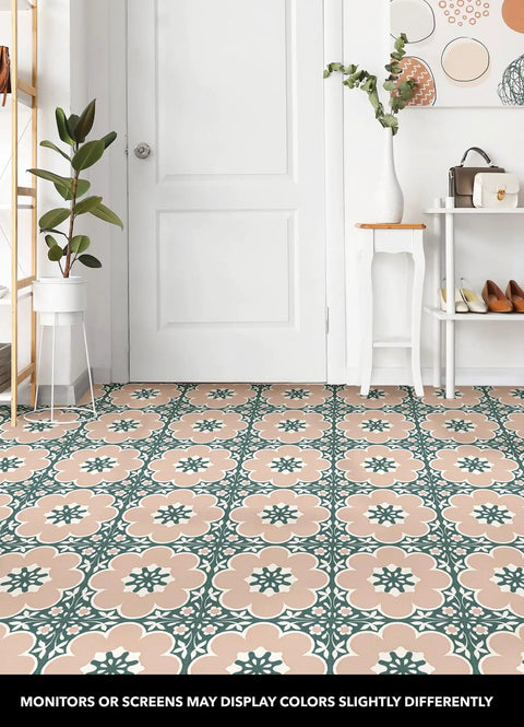 Room with Pink Daphne Floral Peel And Stick Vinyl Floor Tiles 12x12 Inches Set Of 10 Easy No Mess Install Water Resistant And Washable