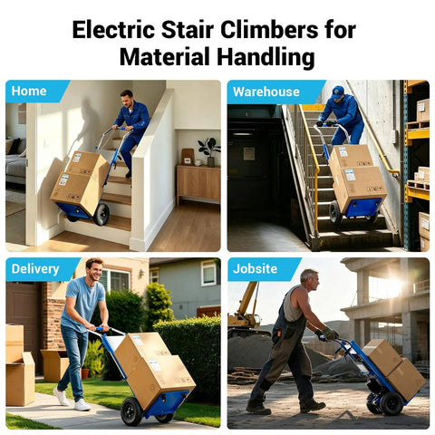 Electric Stair Climbing Dolly used in home, warehouse, delivery, and jobsite for heavy lifting and material handling.