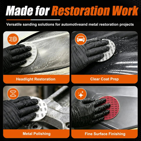 Premium 6 Inch Wet Dry Hook And Loop Sanding Discs With 65 Pieces Covering 600 To 5000 Grit including extra mid range for auto restoration.