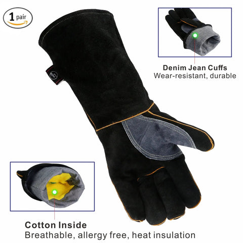Extreme Heat Resistant Leather Work Gloves With Kevlar Stitching For Fireplace Stove Oven Grill Welding BBQ Mig Grill Boss Pot Holder And Animal Handling Durable Puncture And Cut Resistant Mitts