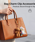 Six Pack Gold Carabiner Key Ring Clips With Brass Screw Lock For Backpacks attached to purse with toy charms