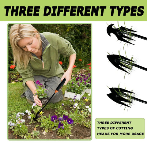 Three Piece Weed Puller Tool Set For Easy Weeding Portable Garden Weeder Hand Tool in use in garden, showing three head types.