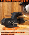 Beefed Up Heavy Duty 4 Inch Bench Vise With 4400 Lbs Clamping Power, 360 Degree Rotating Base And Anvil, 4 Inch Jaw Opening in action cutting pipe