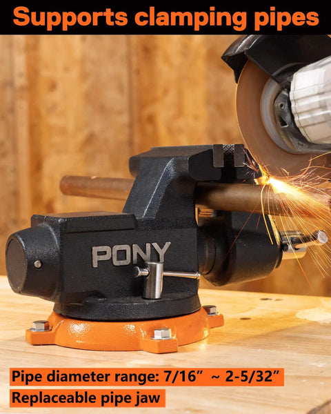 Beefed Up Heavy Duty 4 Inch Bench Vise With 4400 Lbs Clamping Power, 360 Degree Rotating Base And Anvil, 4 Inch Jaw Opening in action cutting pipe