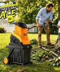 50L Collecting Bin Yard Waste Chipper Shredder With 15 Amp Electric Motor beside man and child cleaning branches