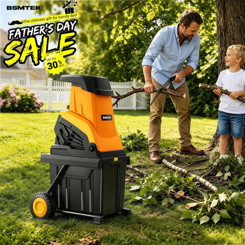 50L Collecting Bin Yard Waste Chipper Shredder With 15 Amp Electric Motor beside man and child cleaning branches