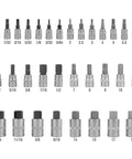32 Piece Hex Bit Socket Set With SAE And Metric Sizes for automotive and machinery work, organized by size in rows