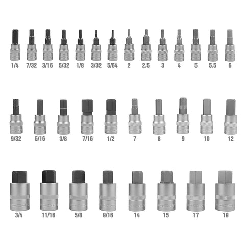 32 Piece Hex Bit Socket Set With SAE And Metric Sizes for automotive and machinery work, organized by size in rows