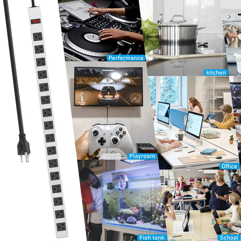 Image showing Beefy Metal 16 Outlet Power Strip with 1200J Surge Protection, connected to devices in varied environments.