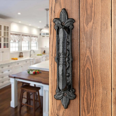 4 Pack Heavy Duty 8.9 Inch Black Cast Iron Barn Door Handle on Wooden Door in Rustic Interior Kitchen Setting