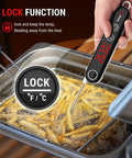 Ultra Fast Instant Read Meat Thermometer With 4 Inch Probe Digital Thermocouple Sensor Delivers 2 To 3 Second Readouts At 0.9 F Accuracy 14 F To 572 F Range Lock Function Ideal For Grillin Smokin Fryin Candy Oil And Kitchen showing lock function reading temperature of frying food