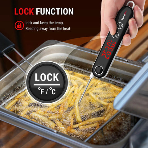 Ultra Fast Instant Read Meat Thermometer With 4 Inch Probe Digital Thermocouple Sensor Delivers 2 To 3 Second Readouts At 0.9 F Accuracy 14 F To 572 F Range Lock Function Ideal For Grillin Smokin Fryin Candy Oil And Kitchen showing lock function reading temperature of frying food