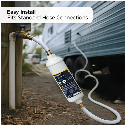 Top Shelf Universal RV And Marine In Line Water Filter No Fuss Garden Hose Hookup Cuts Chlorine And Sediment, easy installation.