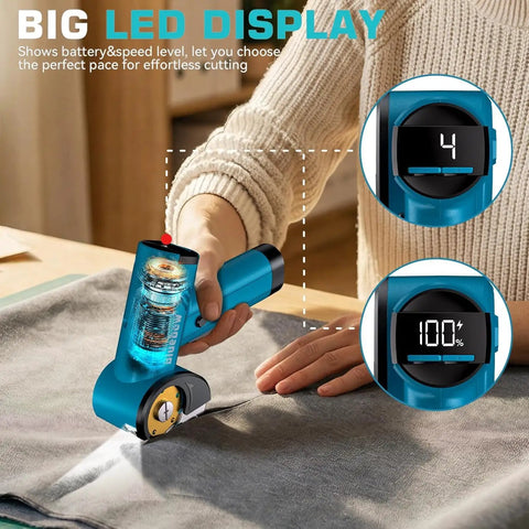 Bluebow Cordless Electric Scissors With Rechargeable Battery For Cutting Cardboard Box 1/4 Inch Thick Heavy Duty Power Tool showing LED display while cutting fabric.