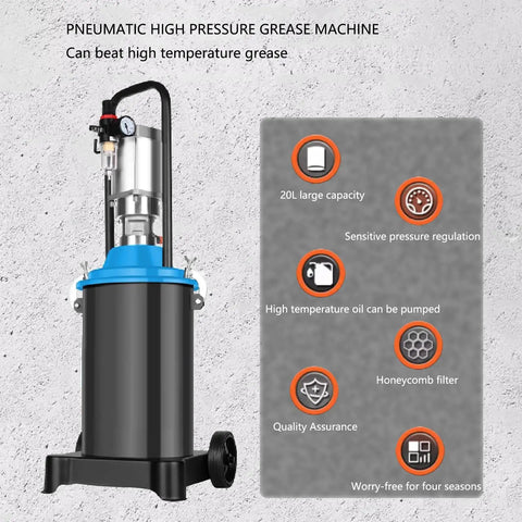 Built Rugged 20 Liter Grease Gun With 80 To One Pressure Ratio And High Temperature Resistant Construction Works Like A Charm On Heavy Machinery, showcasing 20L capacity and pressure features.
