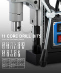 Close-up of gray magnetic drill press with 11 drill bits, metal body and depth scale