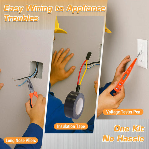 Person using long nose pliers and voltage tester pen for wiring with insulation tape, promoting 160 Piece Home And Car Tool Set With Tool Box Your Go To DIY Hand Tool Kit For Everyday Home Repairs And Car Fixes Built Tough For Men Ready For Any Quick Fix From The Garage To The Apartment.