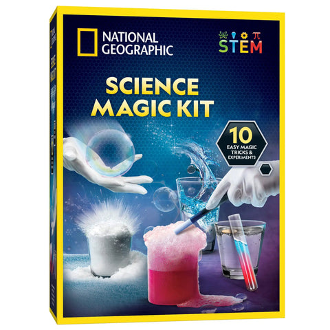 Magic Chemistry Kit For Kids With 10 Mind Blowing Tricks, science kit box showing bubbling experiments and colorful test tubes