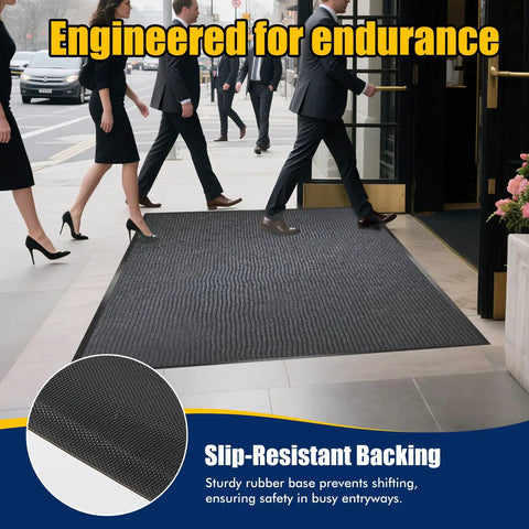 Heavy Duty Indoor Outdoor Entrance Mat 4 By 10 Feet Rubber Border Door Rug with Non Slip Tread in a busy entryway.